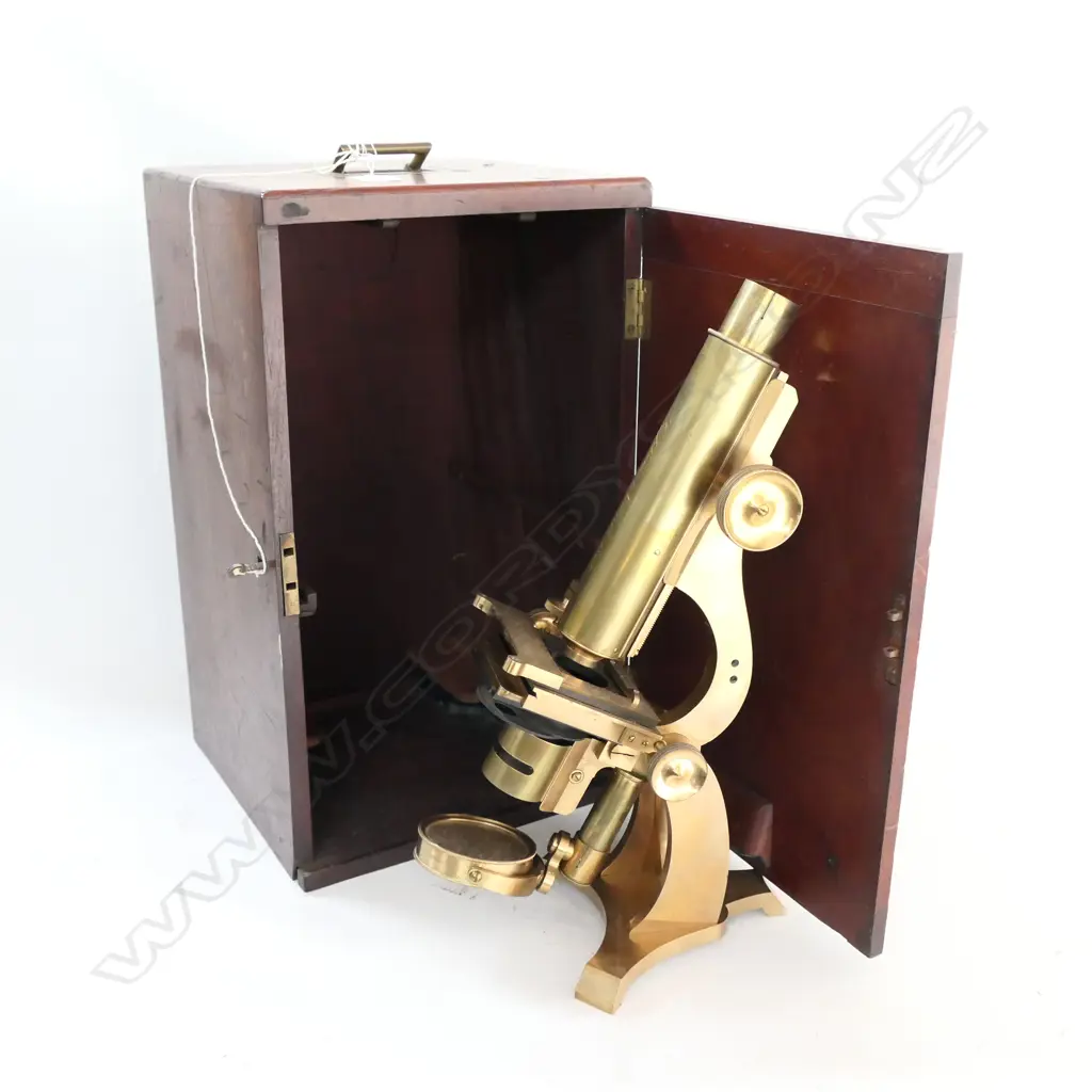 BRASS MICROSCOPE, ENGRAVED: C. JOHNSON, NEWARK 1862. NO LENSES. IN MAHOG BOX Image 1++